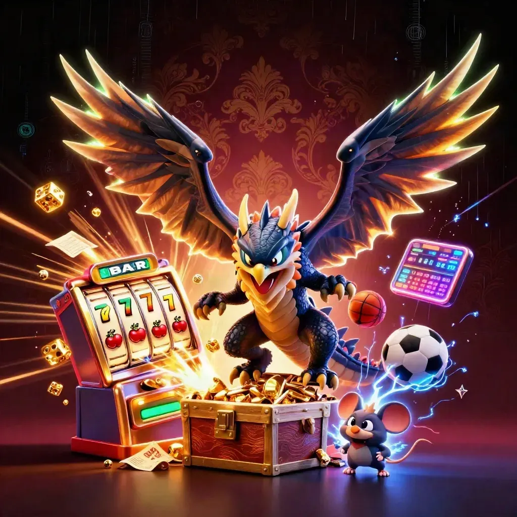 Thunder dragon, wind hawk, and static mouse amid jackpot bursts, gold dice, and casino symbols.