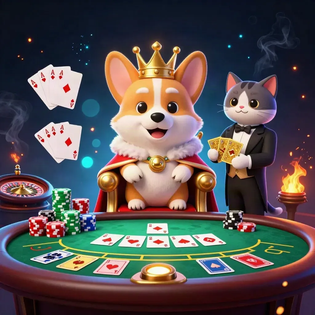 Royal corgi and cat butler in a glowing casino scene with chips, cards, and a spinning roulette wheel.