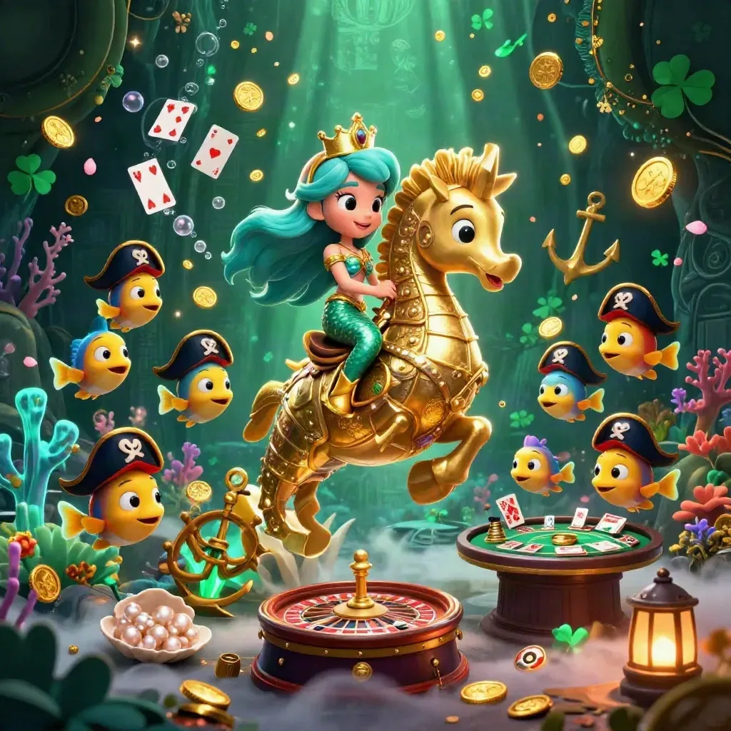 Mermaid princess on a golden seahorse amid casino treasure, glowing coral, cards, coins, and a roulette wheel.