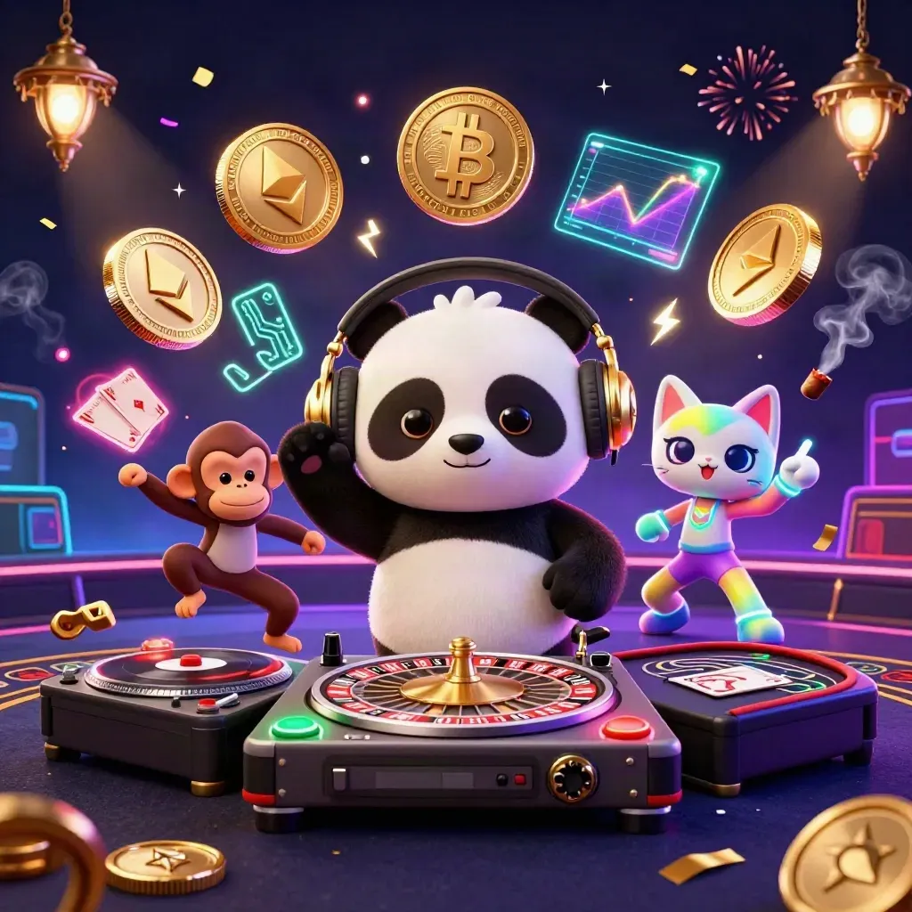 Cartoon panda DJ, dancing monkey, and neon kitten in a luxe casino room with glowing coins and fireworks.