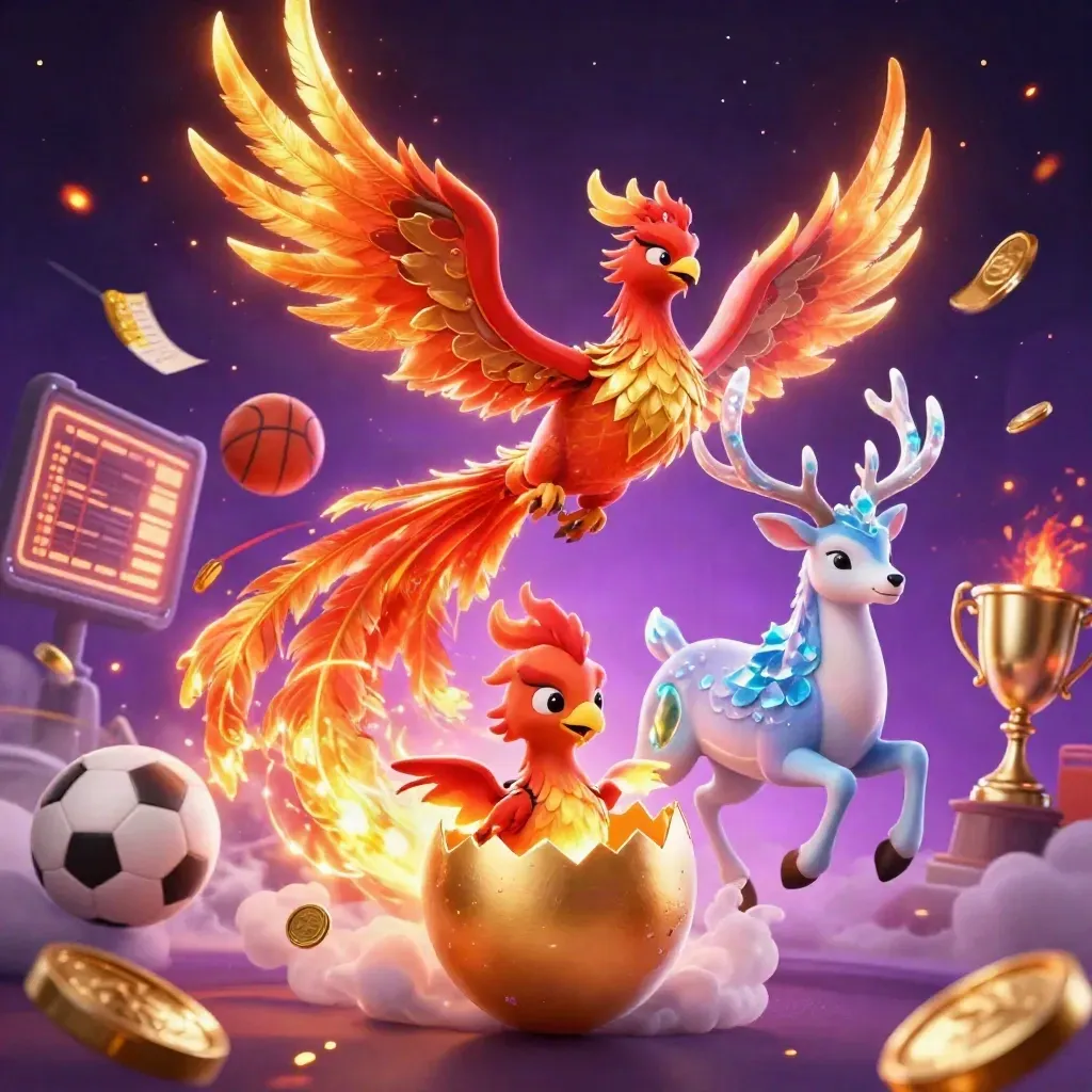 Phoenix, hatchling, and crystal stag amid flying sports balls, gold coins, and casino light.