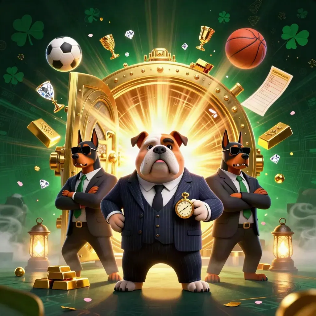 Bulldog mobsters burst from a glowing vault with gold, gems, and sports balls in neon casino style
