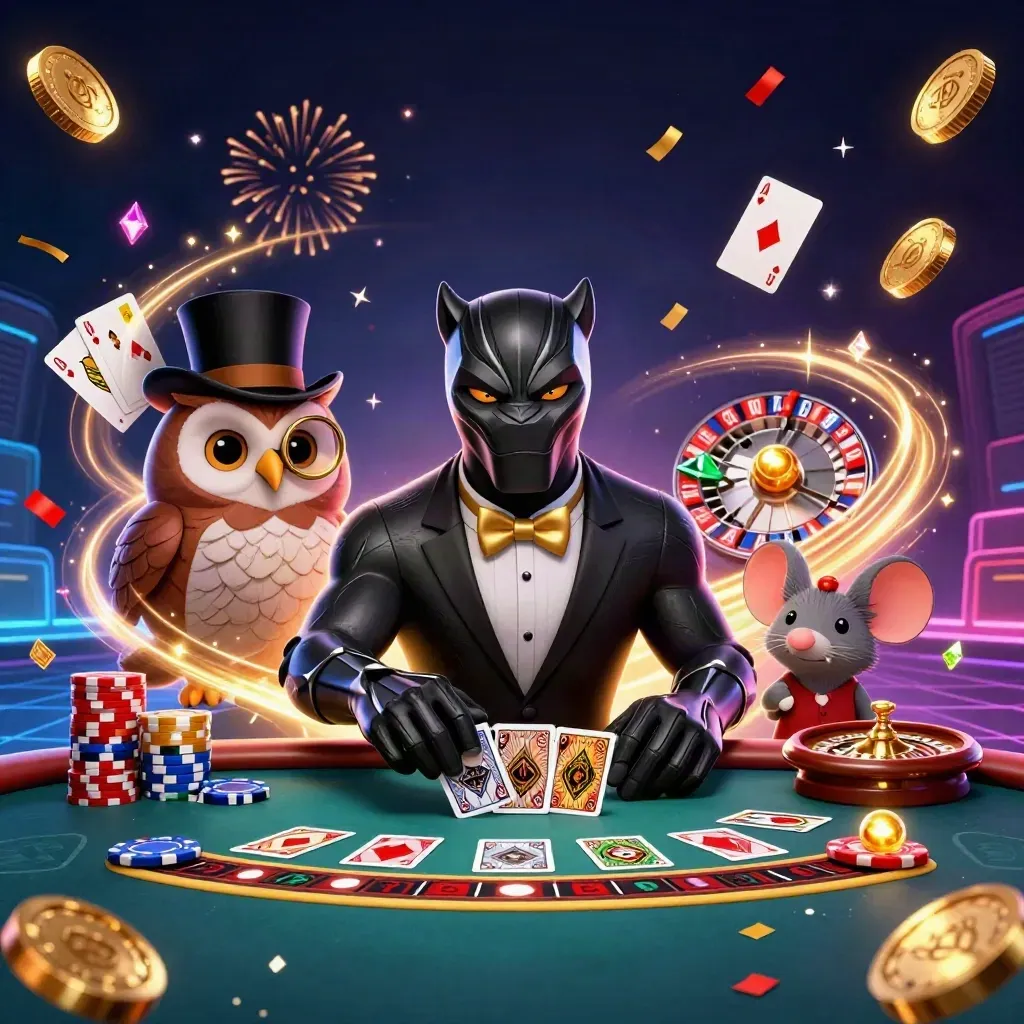 Panther dealer, owl, and mouse amid coins, cards, chips, and neon casino effects.