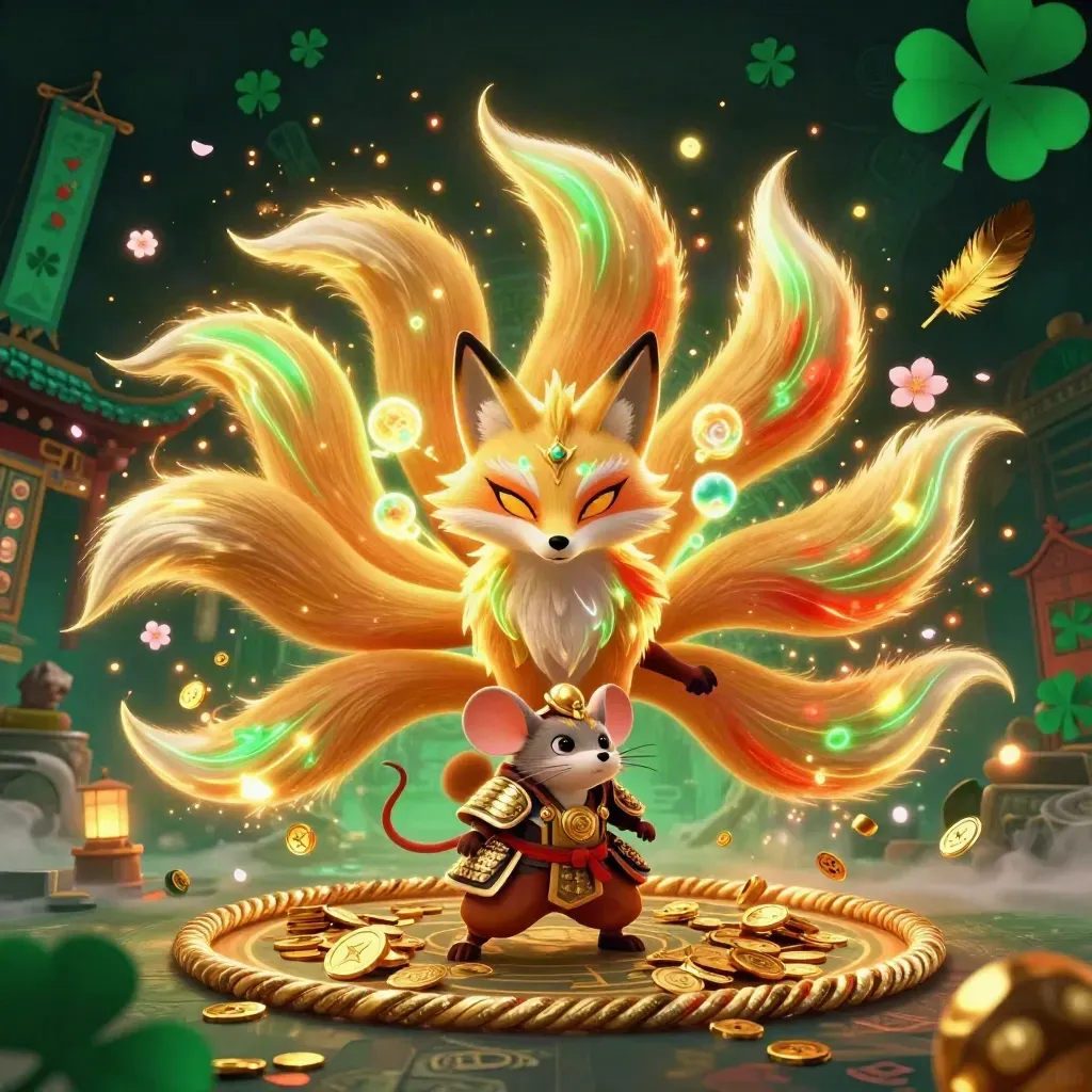 Nine-tailed fox spirit and armored mouse amid temple glow, coins, petals, and gold sparks.