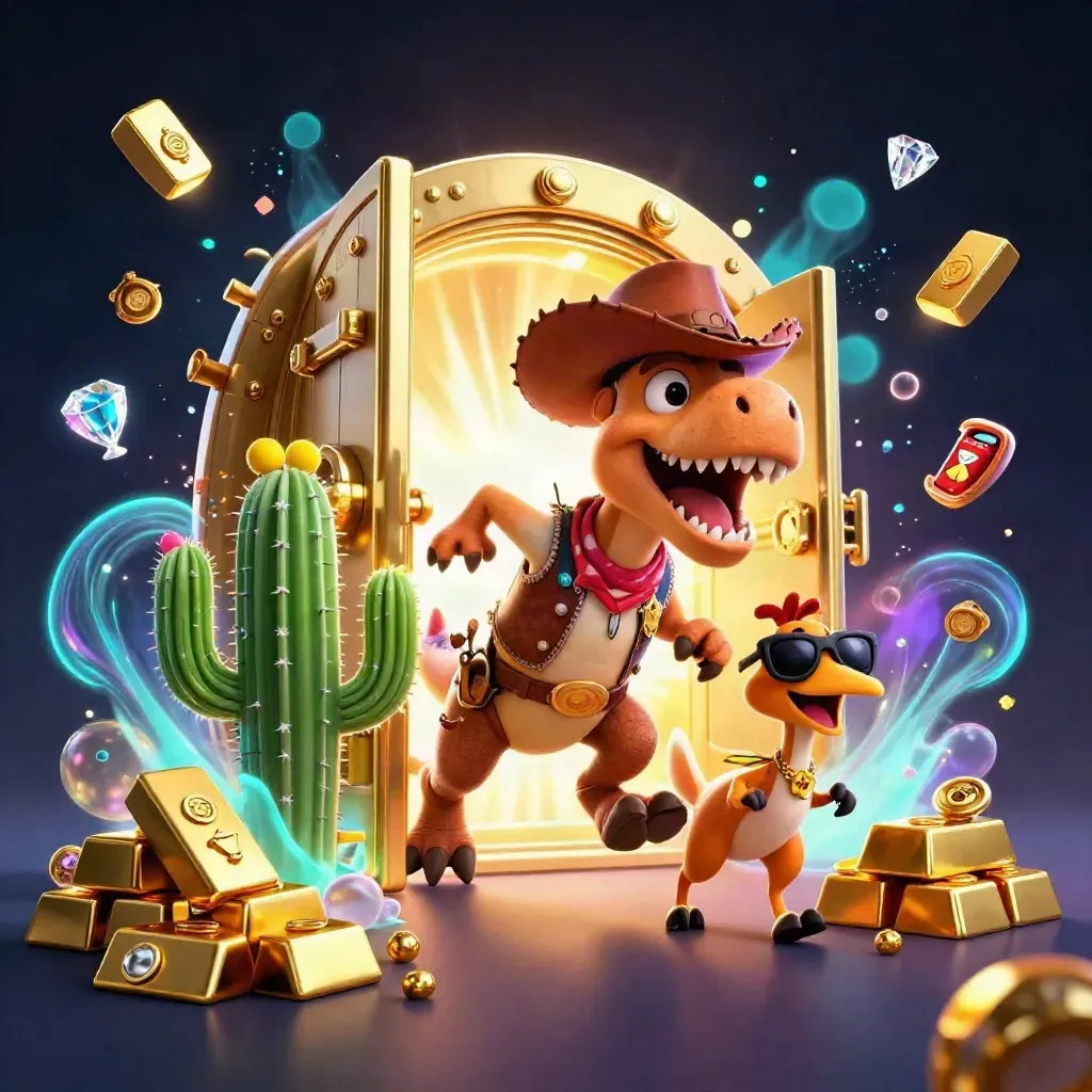 Cowboy T-Rex, cactus sidekick, and sheriff roadrunner burst from a glowing gold vault in a neon casino scene.
