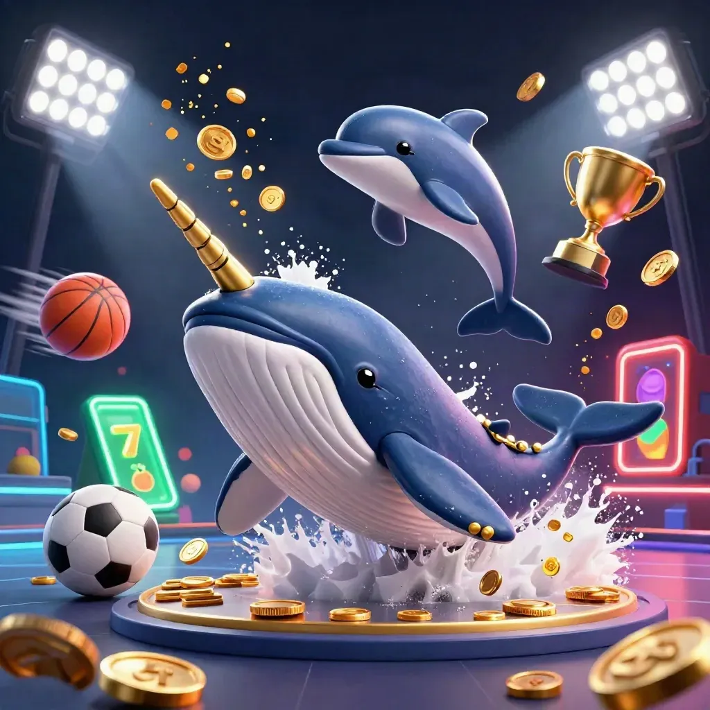 Whale captain, narwhal, and dolphins burst through coins with sports balls and casino glows.