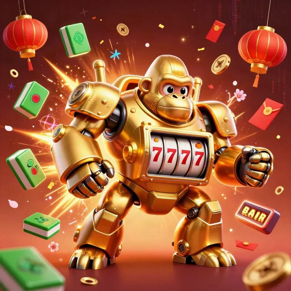 Golden gorilla mech with monkey pilot, coins, lanterns, reels and neon energy bursting outward.