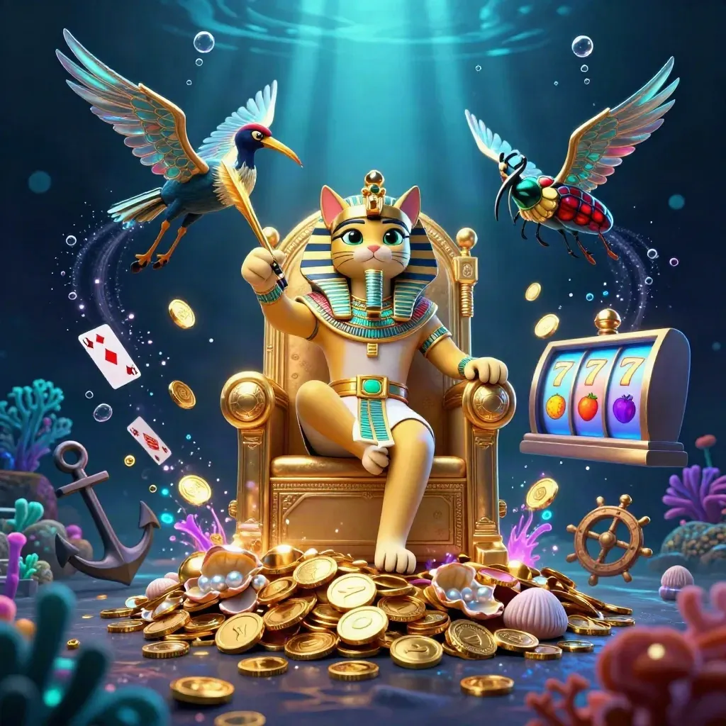 Pharaoh cat, ibis scribe, and gem-wing scarabs bursting from a golden underwater treasure throne.