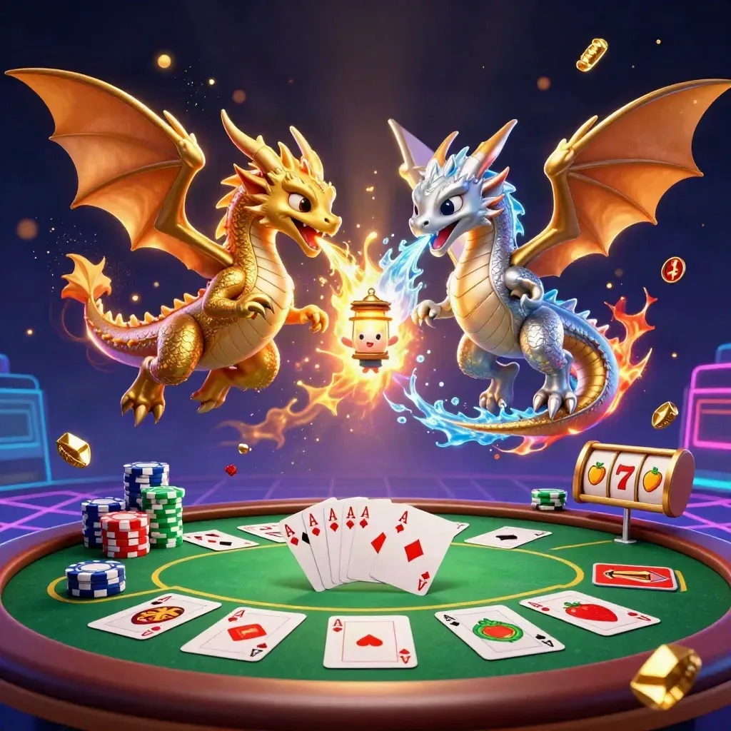 Twin gold and silver dragons in fire-ice yin-yang, bursting casino treasures in neon light.
