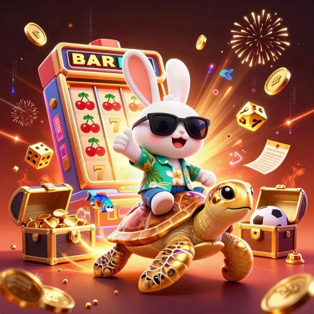 Lucky rabbit on golden sea turtle amid exploding slot, coins, dice, and casino fireworks.