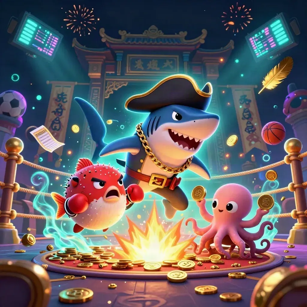 Shark captain, boxing pufferfish and coin-juggling octopus amid gold bursts and neon casino light