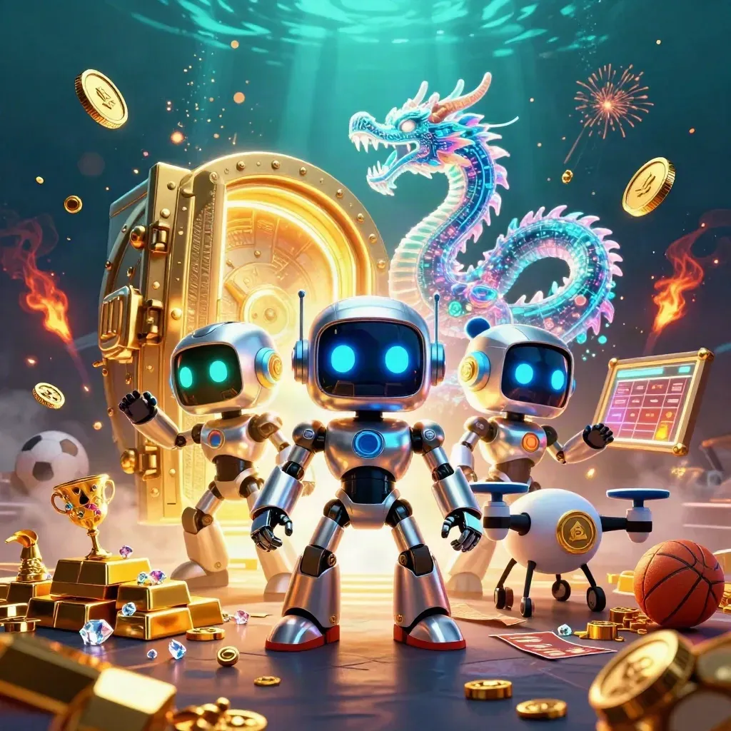 Cyberpunk robot, hologram dragon, and coin drone bursting from a gold vault with sports betting props.