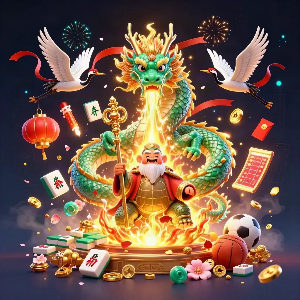 Jade dragon, turtle sage, and cranes burst through gold coins and fireworks in a luxe casino fantasy.