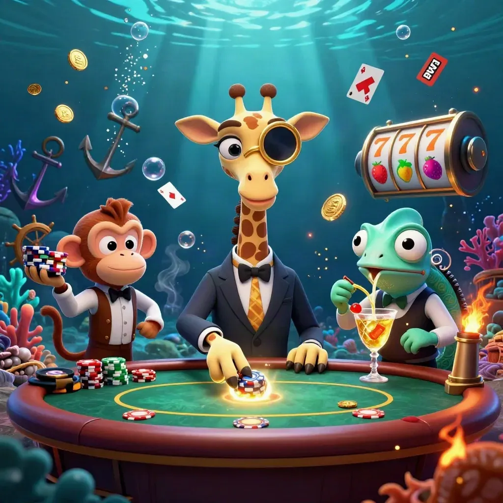 Giraffe, monkey, and chameleon at a glowing underwater casino table with coins, cards, and coral.