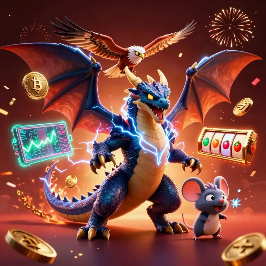 Thunder dragon, hawk and mouse amid casino coins, reels and lightning on a dark ember glow.