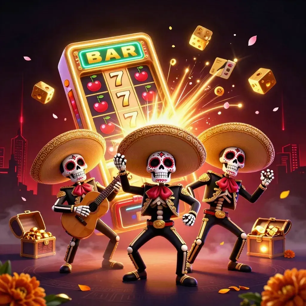Skeleton mariachi trio with exploding slot machine, gold, dice, petals, and dark casino skyline.