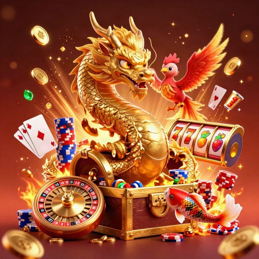 Golden dragon with chest, phoenix, koi and casino symbols in a fiery premium game splash.