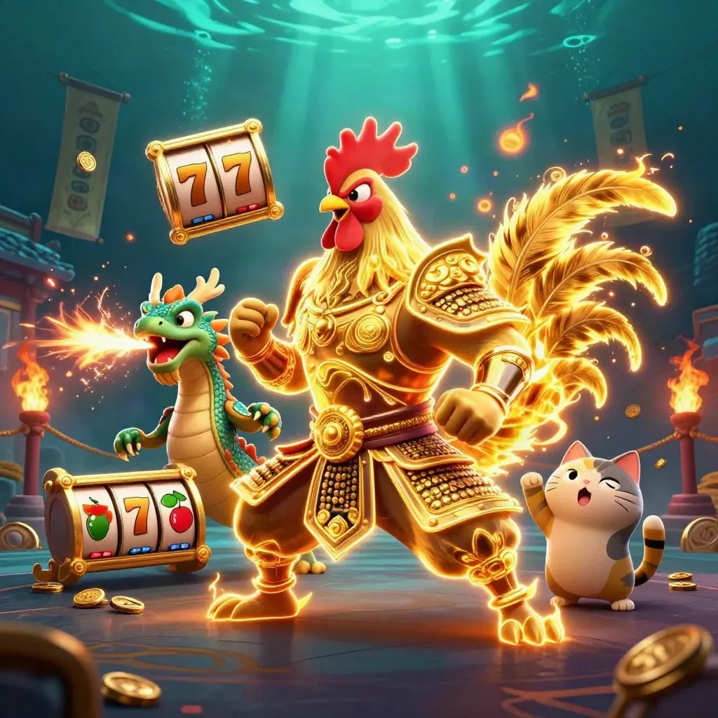 Rooster samurai, spark-breathing dragon hatchling, and lucky cat in a casino battle splash