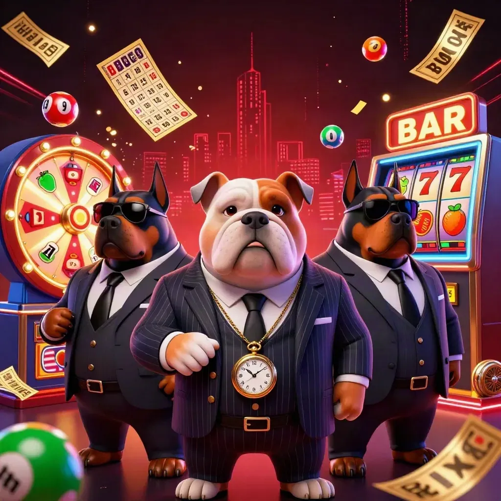 Bulldog casino boss with two Dobermans amid reels, lottery balls, gold tickets and neon sparks