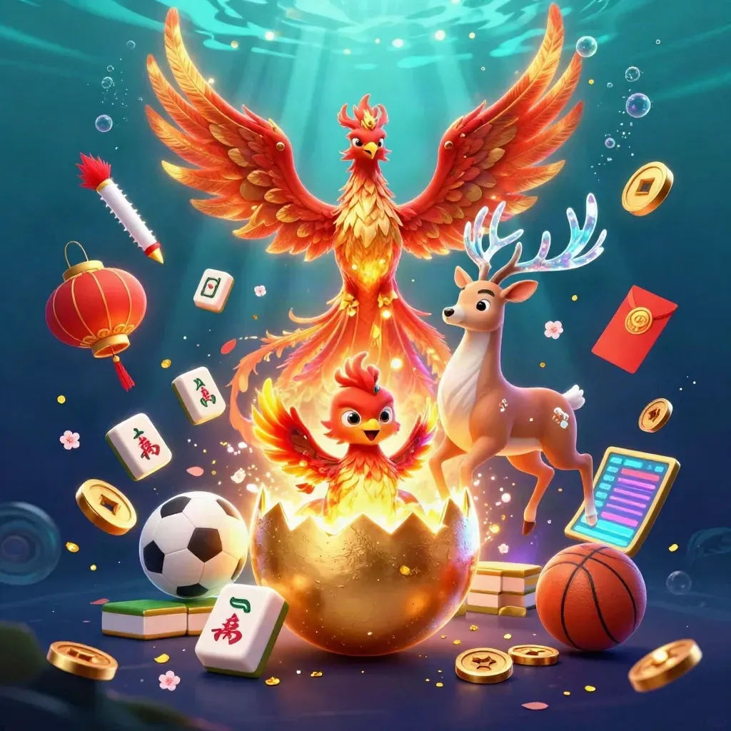 Phoenix, baby phoenix, and crystal stag amid casino charms in a glowing neon underwater scene.