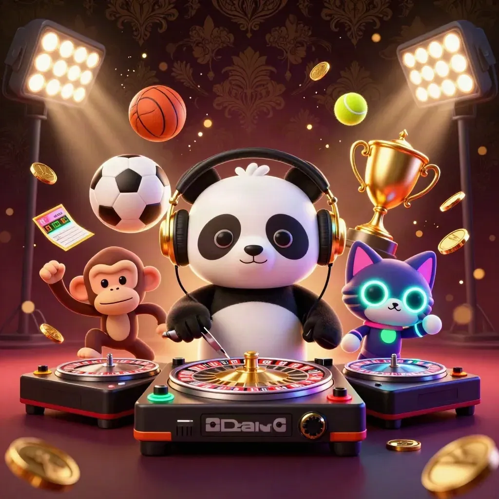 DJ panda, dancing monkey, and rave kitten amid casino lights, coins, and sports balls.