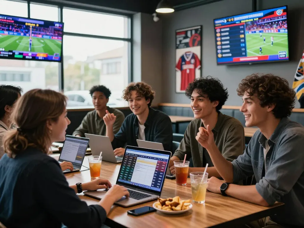 Enthusiastic friends analyzing Keo nha cai odds at a sportsbook with lively atmosphere.