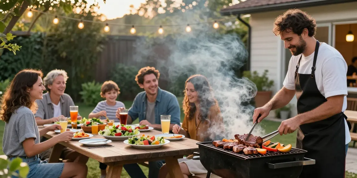 Keluarga menikmati barbecue di halaman belakang dengan Link BOS88, dikelilingi hidangan segar dan suasana hangat.