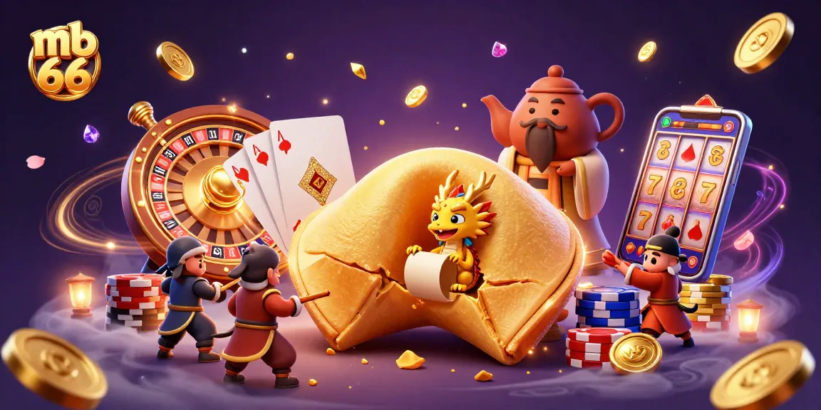 Engage in thrilling gameplay at mb 66 with a dynamic casino scene showcasing fortune cookies and gaming elements.
