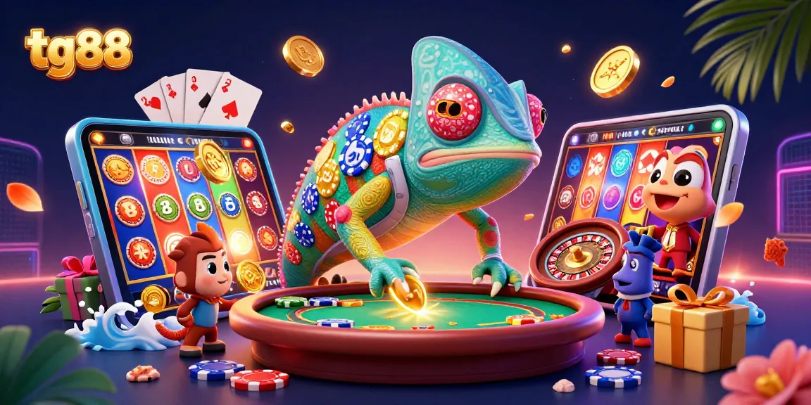 Tg88 showcases a vibrant online casino scene with a chameleon owner and gaming elements.