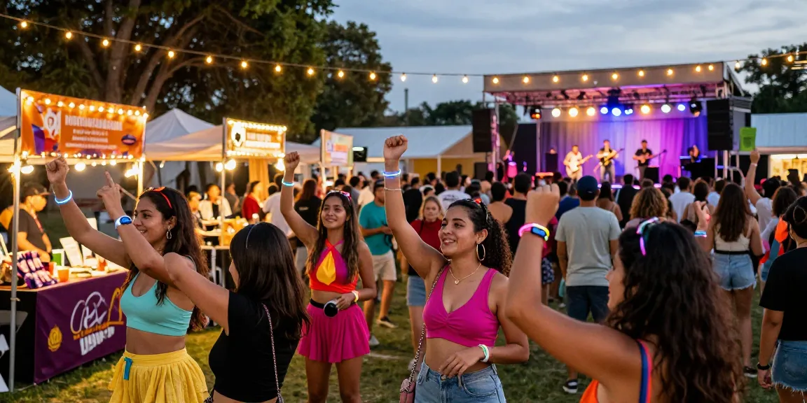 Attendees wearing pulseras digitales para festivales enjoying vibrant festival atmosphere with food stalls and live music.