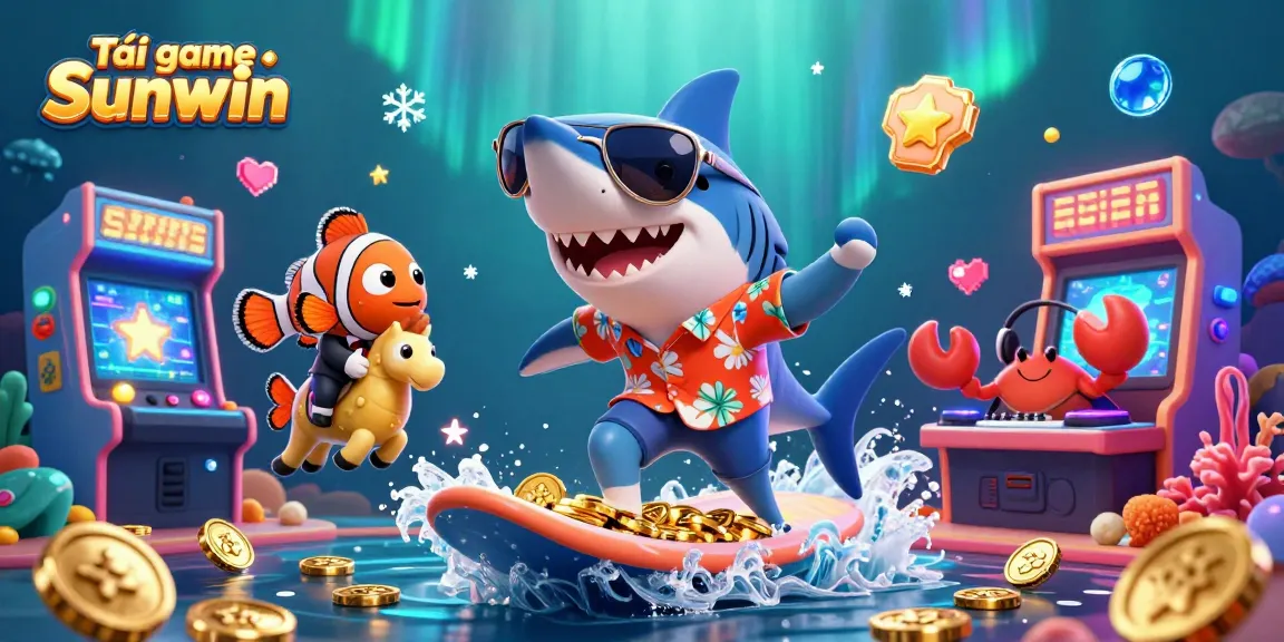 Tải game Sunwin with a shark surfing gold coins, clownfish and crab DJ in a colorful gaming scene.