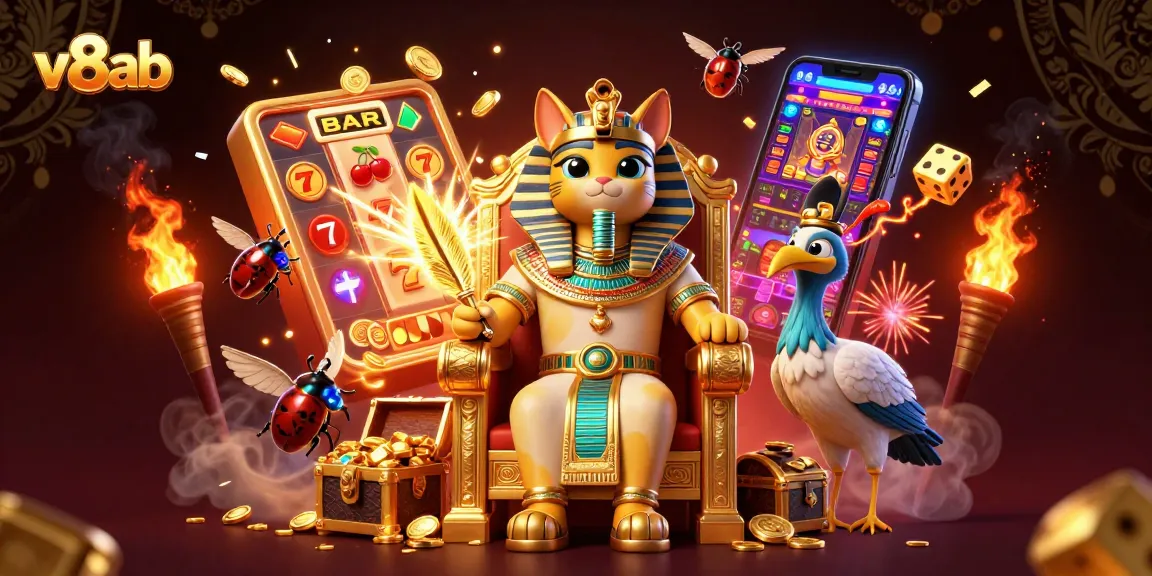 Experience the excitement of v8ab with a dynamic scene of 3D characters and casino elements.