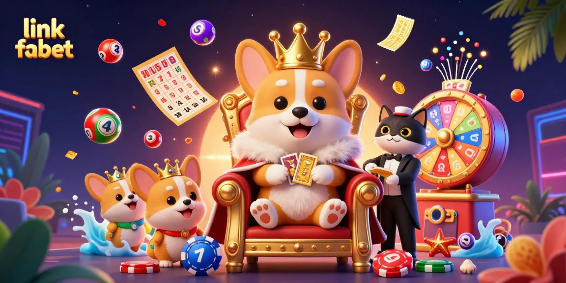 Experience the exciting world of link fabet with colorful lottery balls and a royal corgi in a vibrant casino scene.