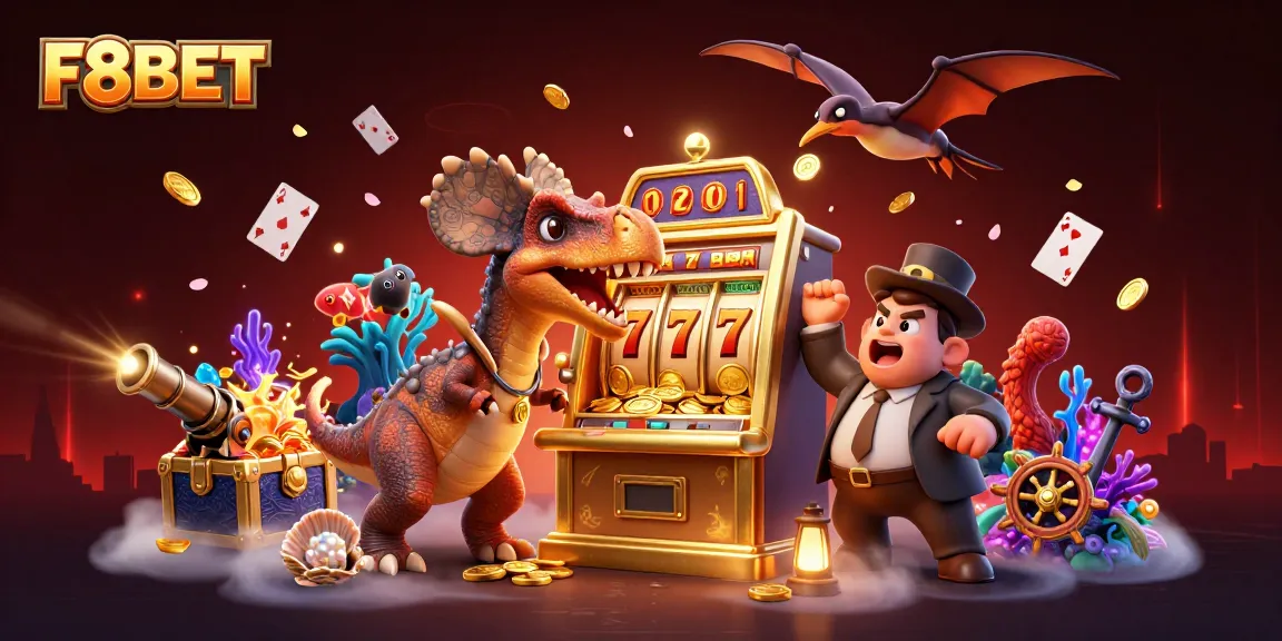 F8BET showcases a thrilling casino scene with dinosaurs and jackpot payouts, creating a vibrant gaming atmosphere.
