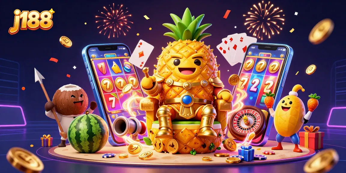 Experience thrilling gaming with j188 featuring a golden pineapple king and lively casino environment.
