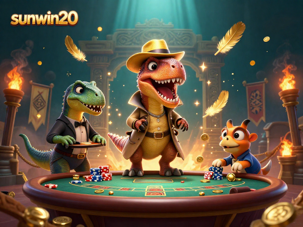 Join the action at sunwin20 with a velociraptor card counter, stegosaurus pit boss, and chips sneaking compy at a vibrant casino scene.