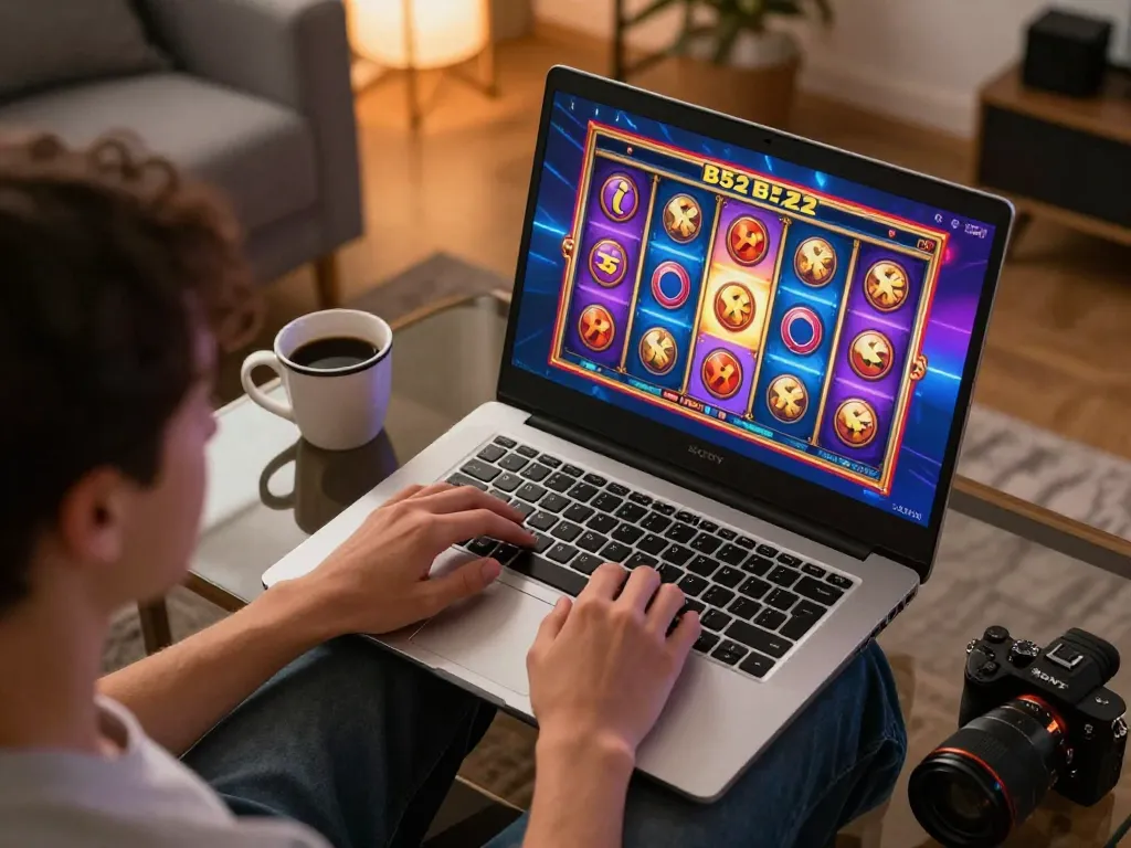 B52 gaming setup with colorful online slot machine spinning on laptop screen in cozy home.