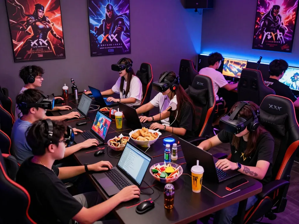 Engaged group playing xxx games in vibrant gaming lounge with modern devices