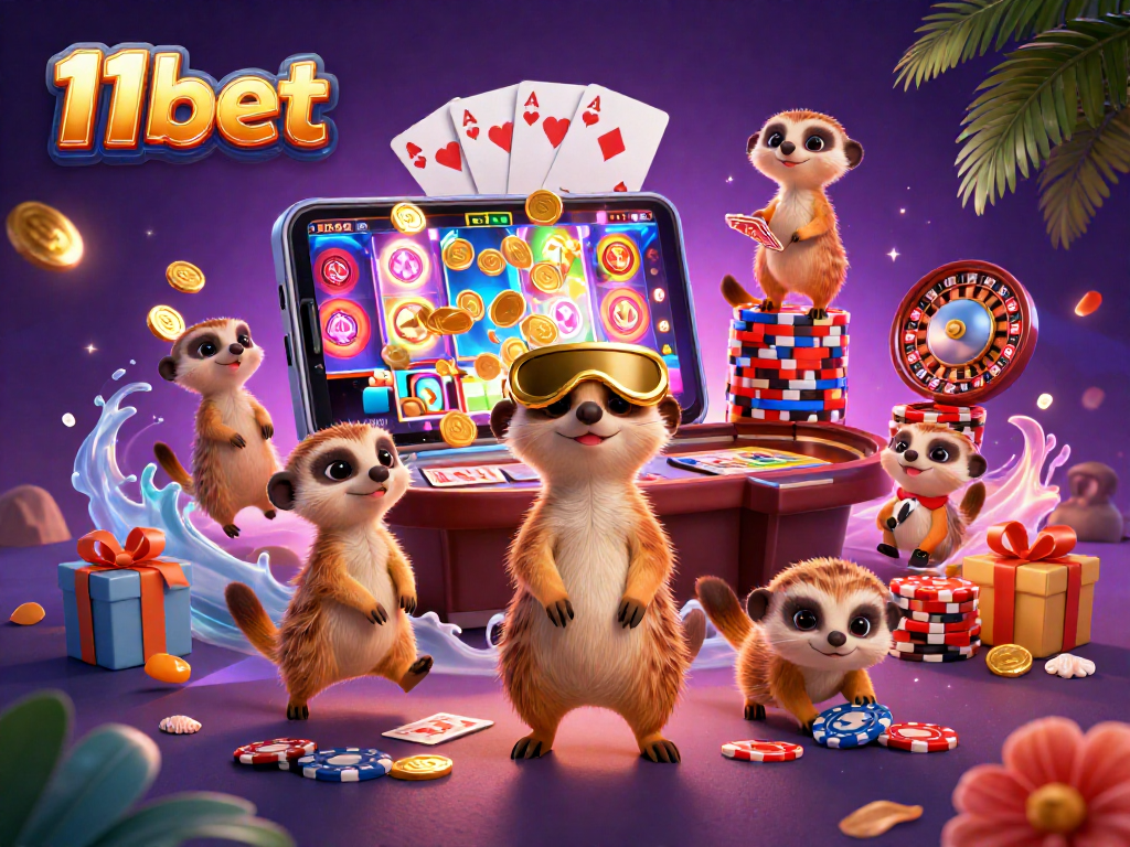 Experience thrilling gameplay with 11bet's dynamic casino scene featuring playful meerkats and vibrant game elements.