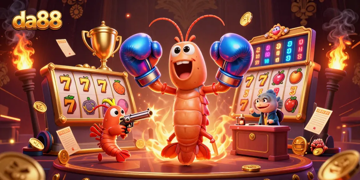 Watch da88's mantis shrimp champion alongside a lively pistol shrimp at a vibrant slot game setup.