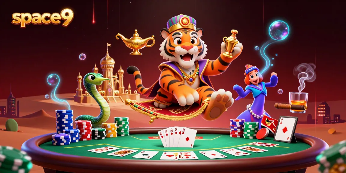 Engage in exciting gameplay with Space9's vibrant casino scene featuring lively game elements and characters.