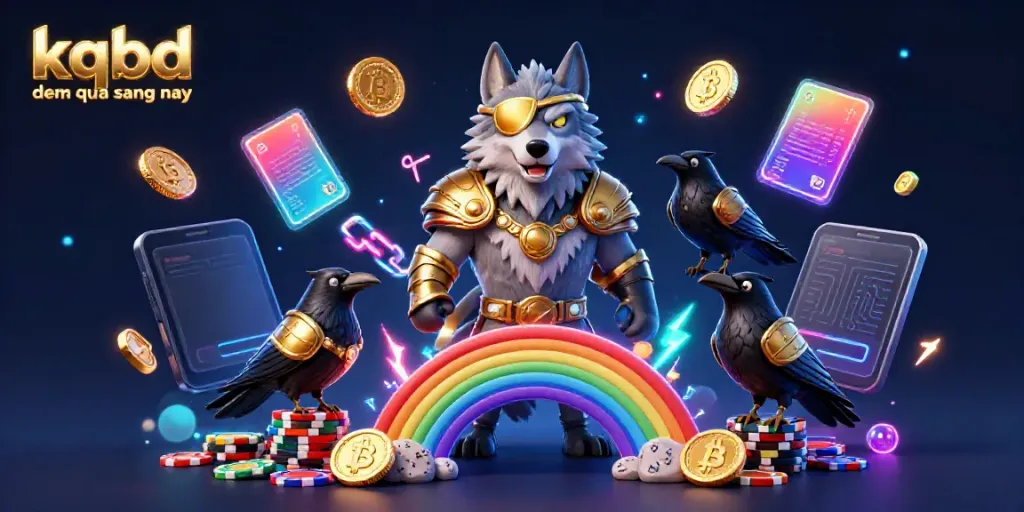 KQBD dem qua sang nay showcases a vibrant 3D scene featuring Odin and ravens on a casino-themed bridge surrounded by crypto coins and energy.