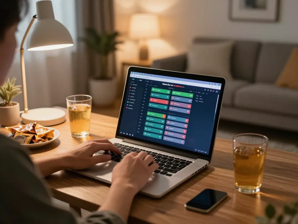 Engaging with kèo nhà cái on a laptop during online sports betting in a cozy home setting.
