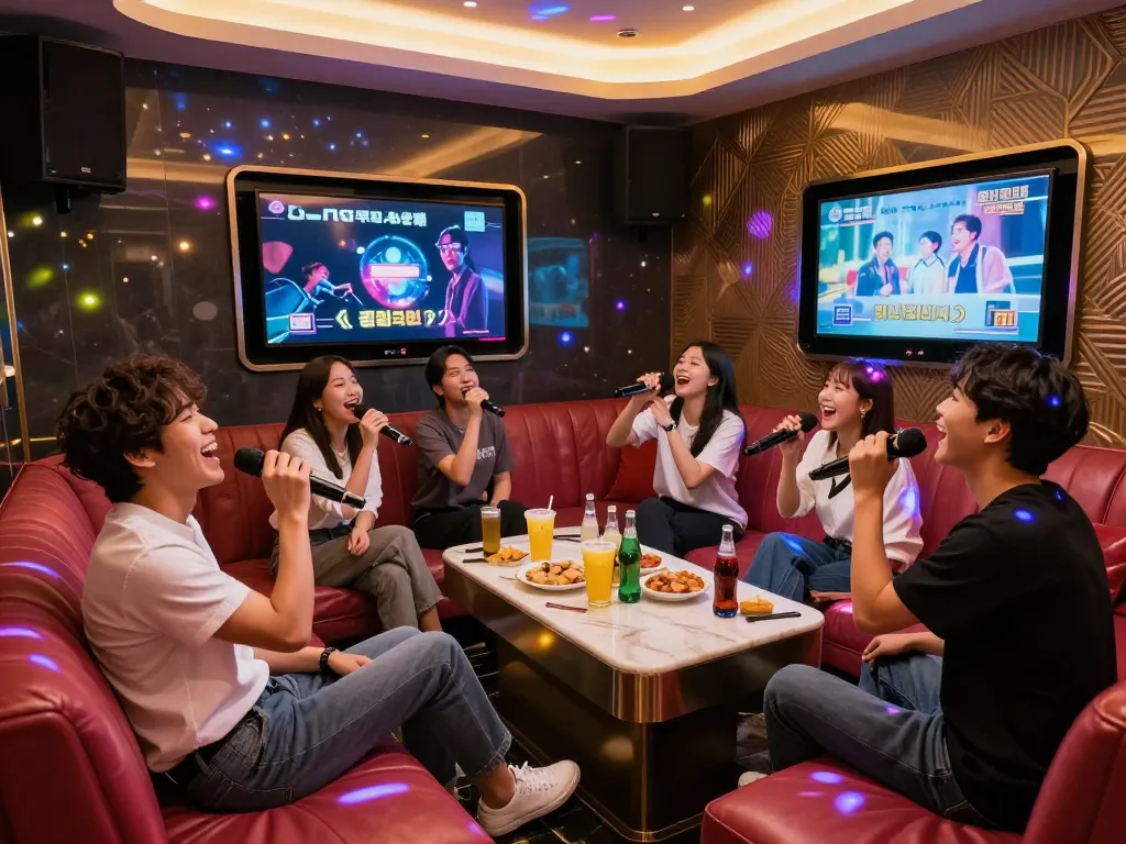 생기 넘치는 조명과 세련된 장식이 있는 강남가라오케에서 밤을 즐기는 친구들.