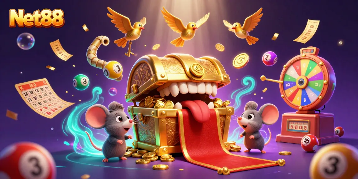 Engage in thrilling games with Net88's vibrant 3D casino scene filled with colorful elements.