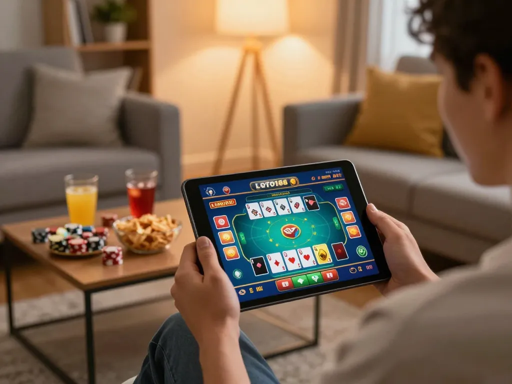 Engaging home gaming scene with LOTO188 LINK MỚI visible on a tablet, showing interactive poker gameplay.