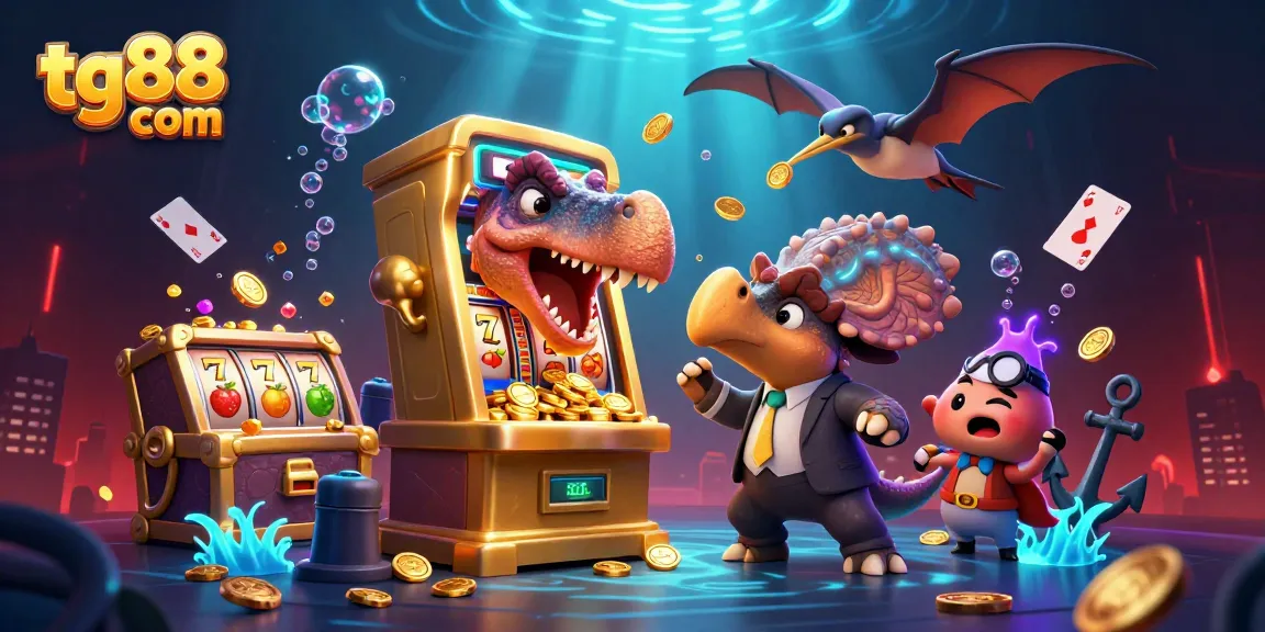 Experience thrilling jackpots at tg88 com with a lively 3D illustration of a dinosaur-themed casino adventure.