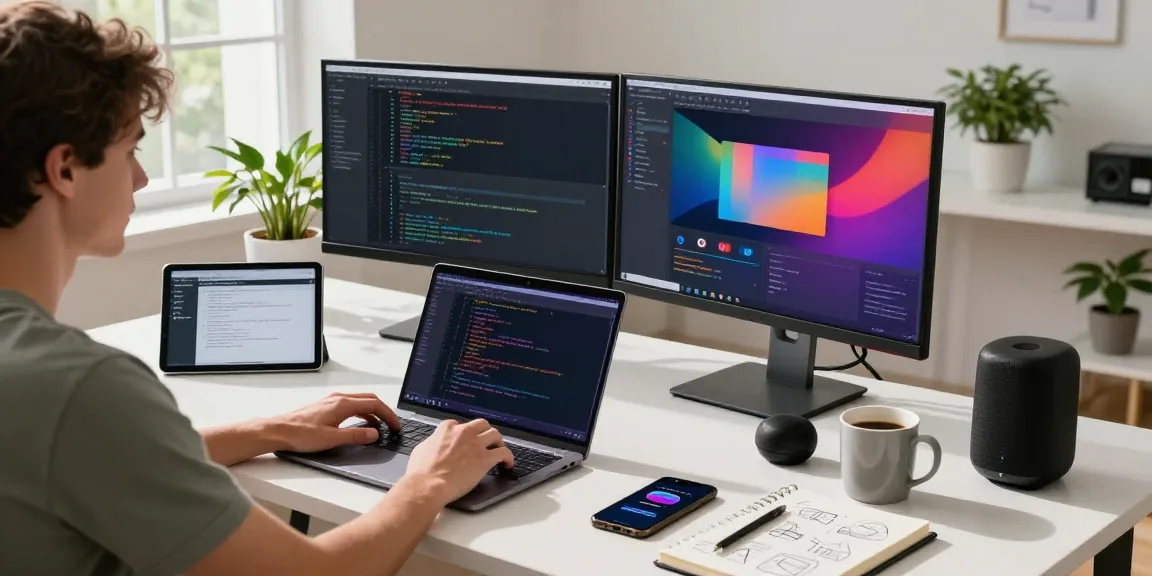 Developer coding in a modern workspace at telegramin-cn.com with vibrant tech elements.