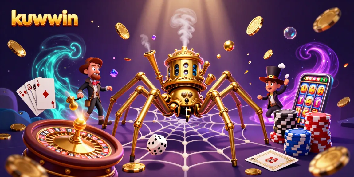 Experience exhilarating gaming action at kuwwin with a stunning 3D illustration of a steampunk setting full of coins and exciting elements.
