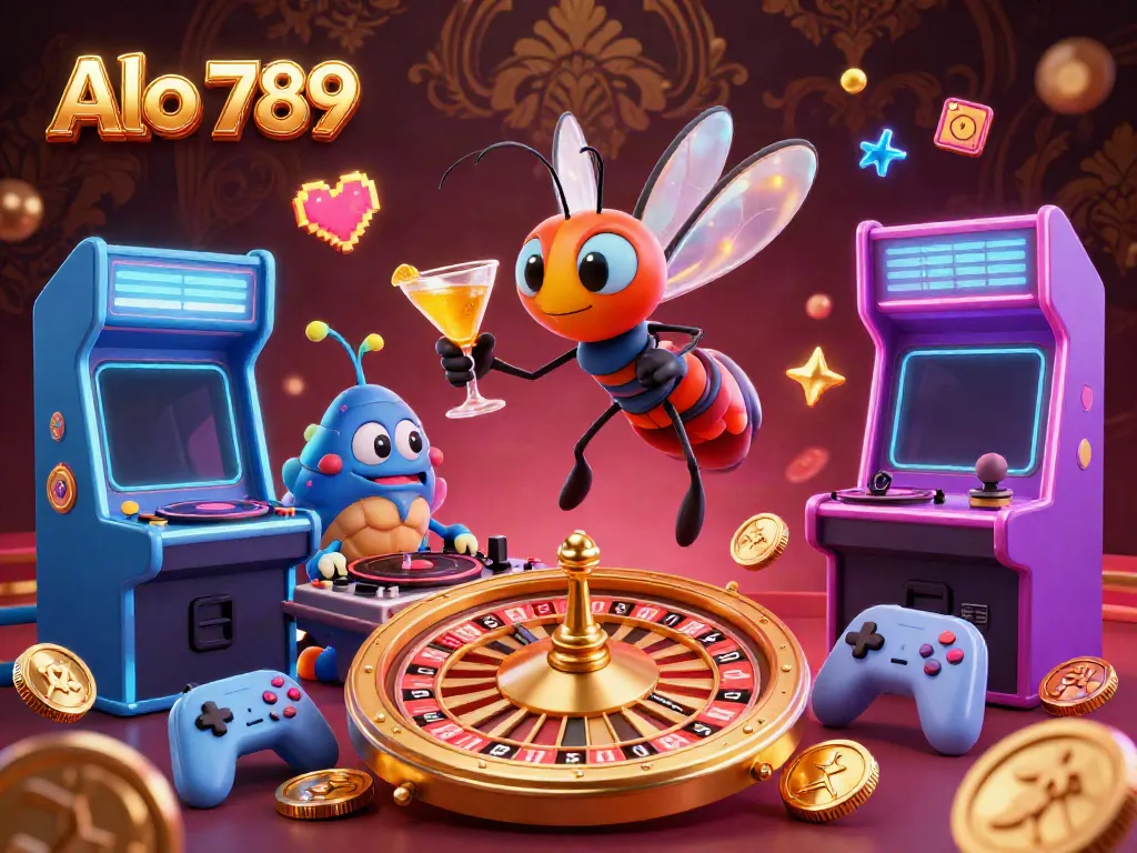 Experience thrilling online cockfighting action with Alo 789's vibrant casino style illustration.